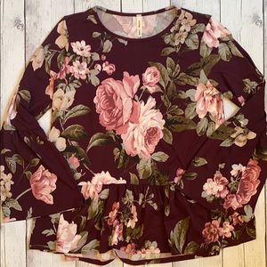 Orange Creek Burgundy Floral Peplum Top Small